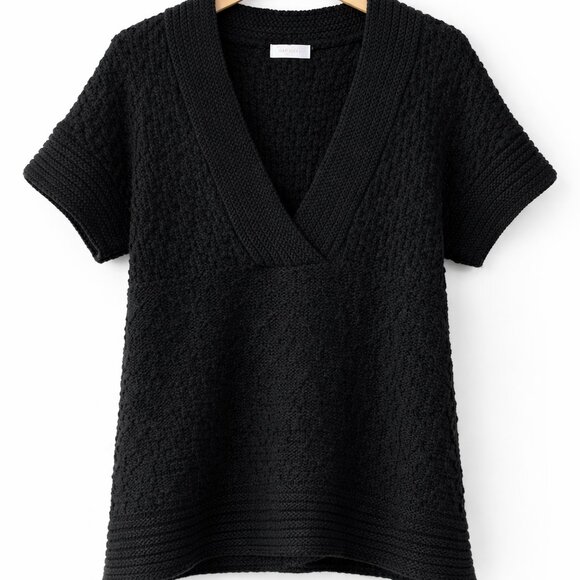 Orsay Black Knit Sweater Top Large V-Neck Short Sleeve Textured Soft Cozy - Picture 2 of 9
